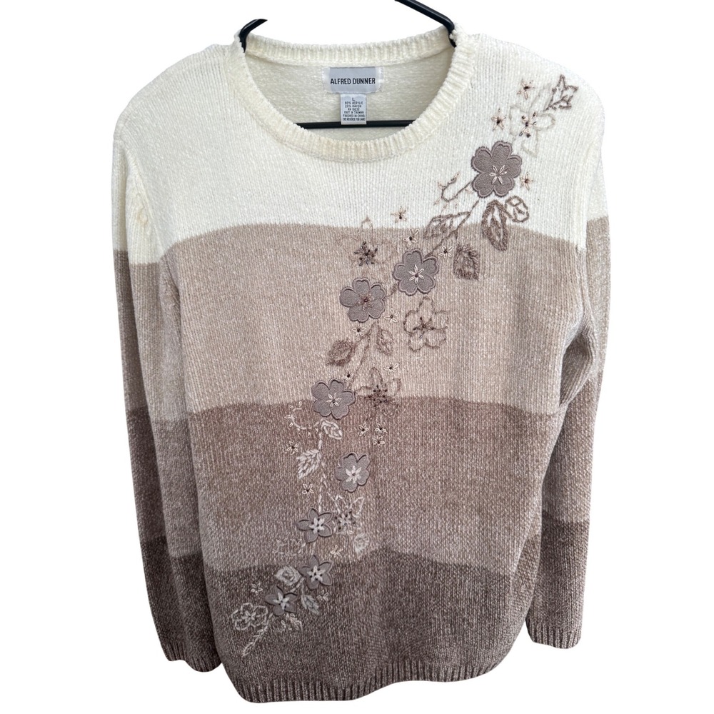 Vintage Alfred Dunner chenille Striped Sweater Floral Applique Beaded Size L